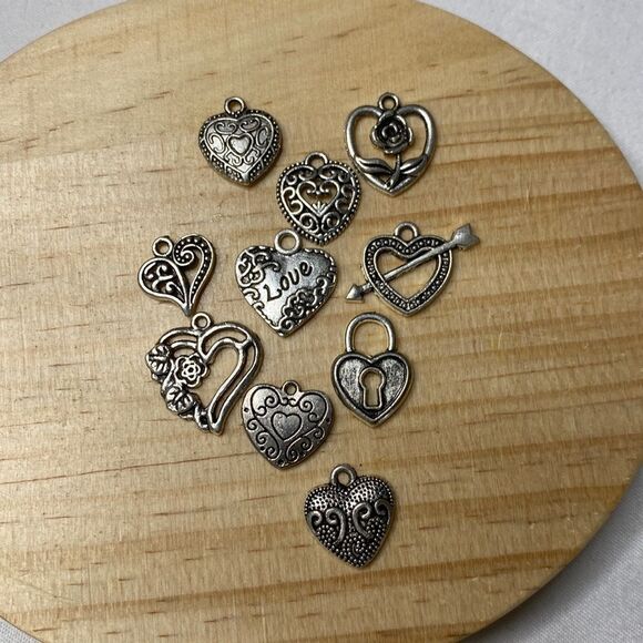 Lot of 10 Heart Silvertone Charms, Decor, Jewelry Making, Scrapbooking, Bracelet - Picture 1 of 4